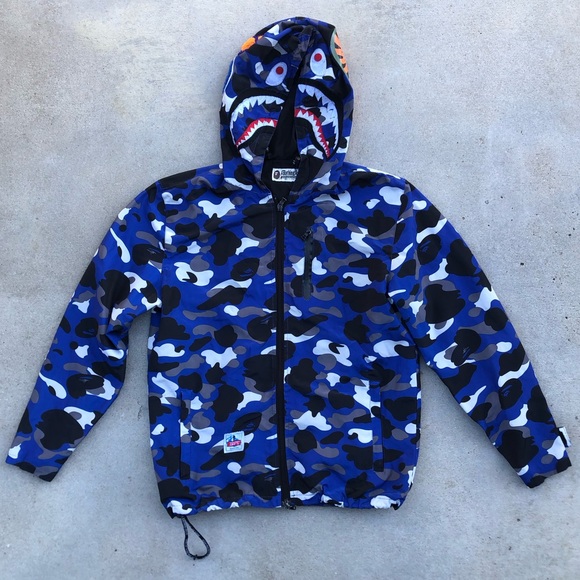 BAPE Bathing Ape Blue Camouflage Shark Hood Full-Zip Windbreaker Jacket - Picture 1 of 16